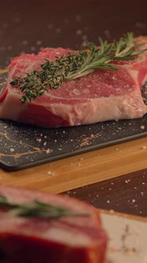 Raw Seasoned Meat on Wooden Board