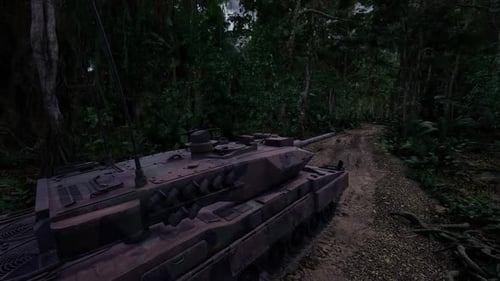 Weathered and Broken Military Tank Lies Abandoned in Muddy Forest Environment