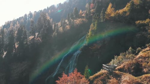 a waterfall on a cliff side with a beautiful rainbow coming off the waterfall spray. located in the