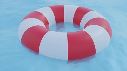A life buoy in animation. Design. Calm sea with red and white rescue equipment made in 3d format.