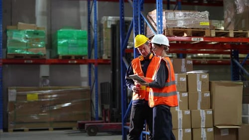 Warehouse Industrial and Logistics Companies. Dispatcher in uniform making inventory in storehouse.