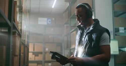 Warehouse Worker Using Tablet Computer in Warehouse