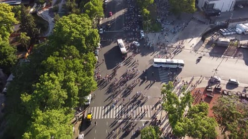 Aerial flyover busy road with buses and Argentinian supporters after winning world cup in Katar