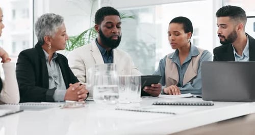 Meeting, tablet and business people in office for discussion, marketing strategy and proposal