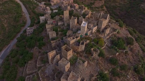 Aerial view of an abandoned village at sunset, Greece.