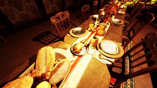 Rustic Feast Table Setting with Food and Candles