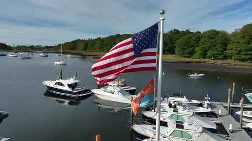 Scenic Harbor with American Flag Waving