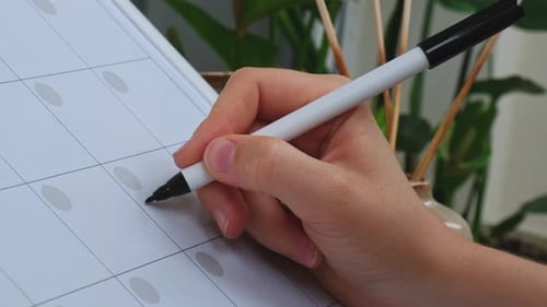 Weibliches, handgeschriebenes Wort „Holiday“ mit Marker auf dem Monatsplaner