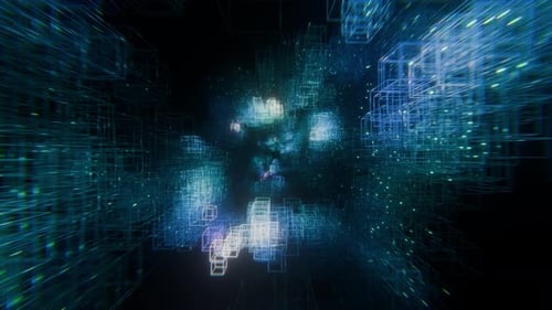 Dynamic Digital Network Tunnel with Glowing Wireframe Cubes and Particles
