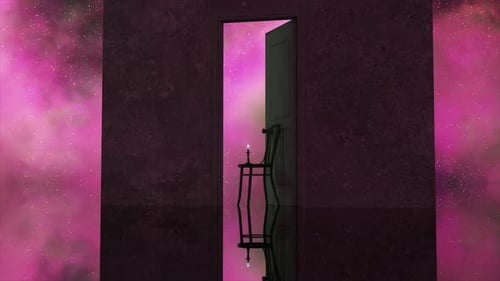Wall and an Open Door Against the Backdrop of Outer Space Stars and Galaxies A Chair with a Lit