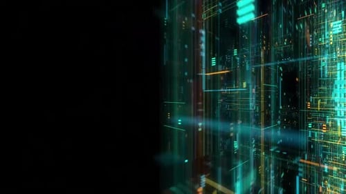 Futuristische digitale Landschaft mit Neonlichtern und Datenströmen