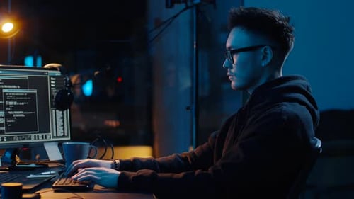 Conceito de tecnologia e hacking de crimes cibernéticos - hacker asiático masculino usando óculos