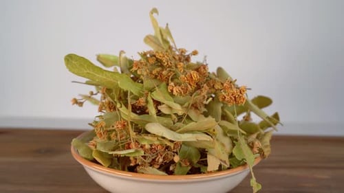 Dried Linden Flowers and Leaves in Bowl