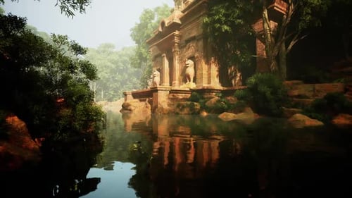 See umgeben von Bäumen Alter Tempel im Hintergrund