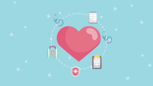 Animated Flat Design Heart with Healthcare Icons