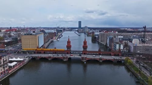Aerial view of train crossing The Oberbaum Bridge , Berlin , Germany