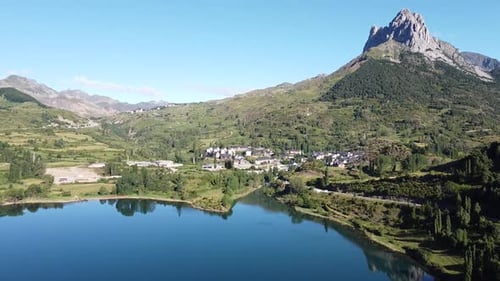 Sallent de Gallego at Tena Valley, Huesca, Aragon, Spanish Pyrenees, Spain - Aerial Drone View of th