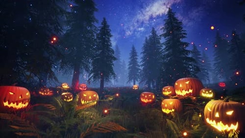 Halloween-Jack-O-Lantern Kürbis in einem Wald 4K