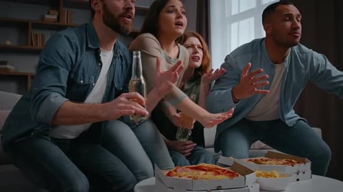 Four Friends Watching Television Frustrated Reaction Disappointed Group of Diversity People Buddies