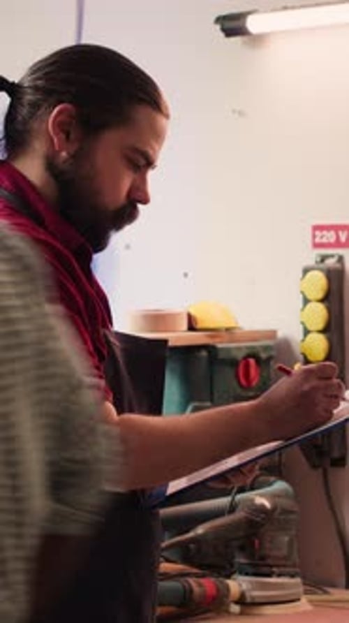 Vertical Video Carpenter Drawing Blueprints on Notepad in Studio