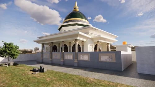 Mosque with green dome and white walls