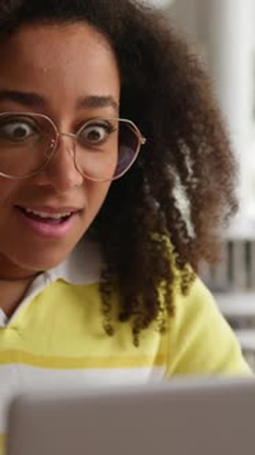 Amazed Emotional African American Woman Excited Wonder University Student Girl with Laptop Passed
