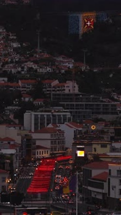 Aerial Dusk View of Funchal Madeira with Cable Cars and Lights