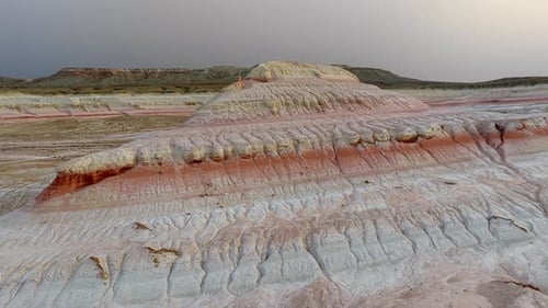 Aerial view of layered rock formation, Kazakhstan.
