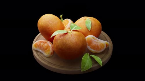 Looping animation around a composition of tangerines lying on a wooden board.