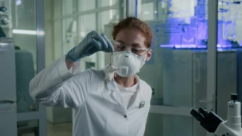 Scientist Holds White Mouse in Brightly Lit Lab