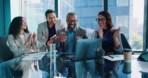Teamwork, applause and business people in office on laptop for celebration