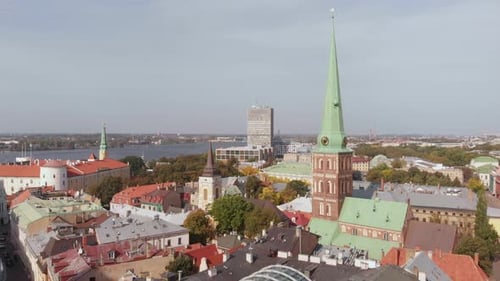 St Jacob Catholic cathedral in Riga, Latvia, aerial drone lowering,day