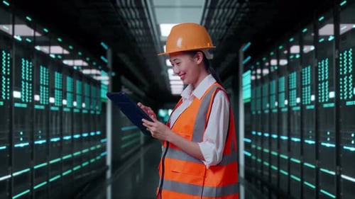 Side View Of Asian Female Engineer Working On A Tablet in Data Center