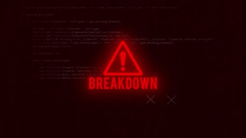 Digital Glitch Error Screen with Red Neon Warning