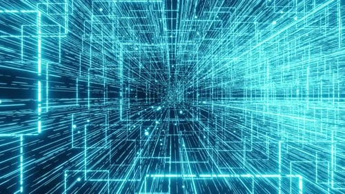 Rendu 3D du cyberespace numérique avec des particules fluides. Système binaire Big Data. Connexion haut débit