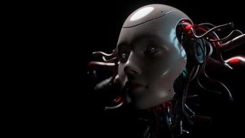 Futuristic Cyborg Head Animation with Glowing Wires