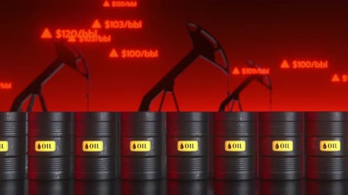 Oil Barrels and Pumps with Rising Prices 3D Animation