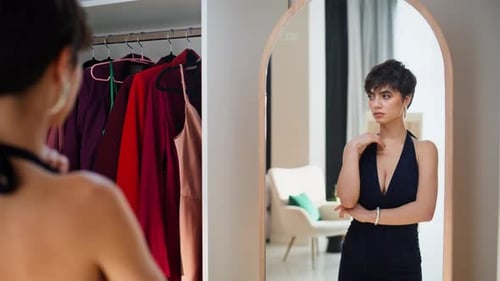 Woman in Dress Looks in Mirror at Home