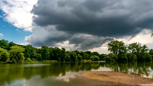 Calm lake in green city park.