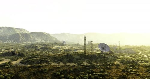 Landscape Featuring Communication Towers and Satellite Dishes in a Desert Area