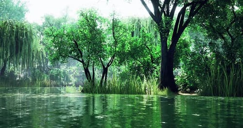 Lush Green Forest By Tranquil Waters During a Serene Afternoon in Nature