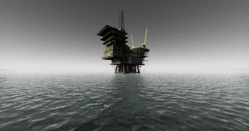 Oil Rig Standing Tall in Calm Waters at Twilight with Reflections Visible