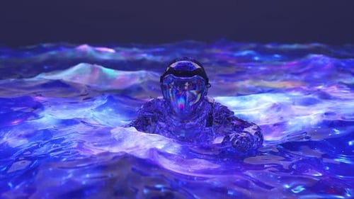 Futuristic Astronaut Floating in Abstract Cosmic Ocean Waves