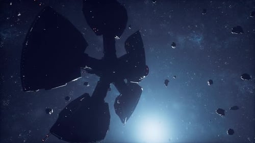 Futuristic Space Station Rotating in an Asteroid Field