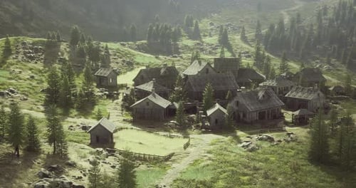Village enchanteur niché dans des montagnes tranquilles sous un ciel radieux