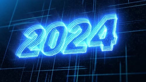 Feliz Año Nuevo 2024 en 4K o celebración de Nochevieja en bucle de fondo de tecnología oscura