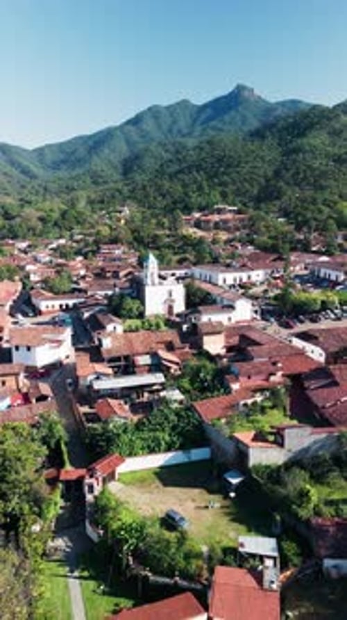 Drone approaching church in San Sebastian del Oeste, Jalisco. Mexico