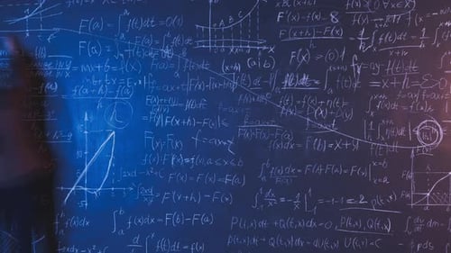 Time Lapse of Intelligent Senior Woman Researcher Writing Equations on Chalkboard Wall Focused on