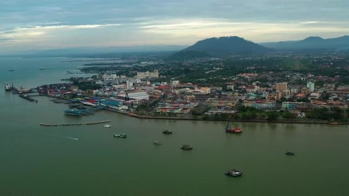 Sunrise aerial view of Tawau town, Sabah