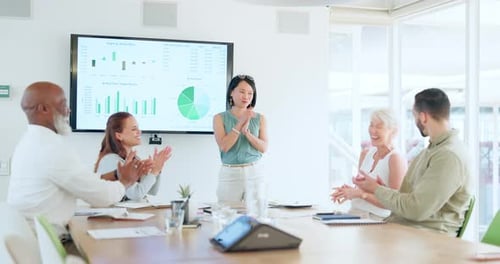 Business people, presentation and applause for finance success, growth and achievement
